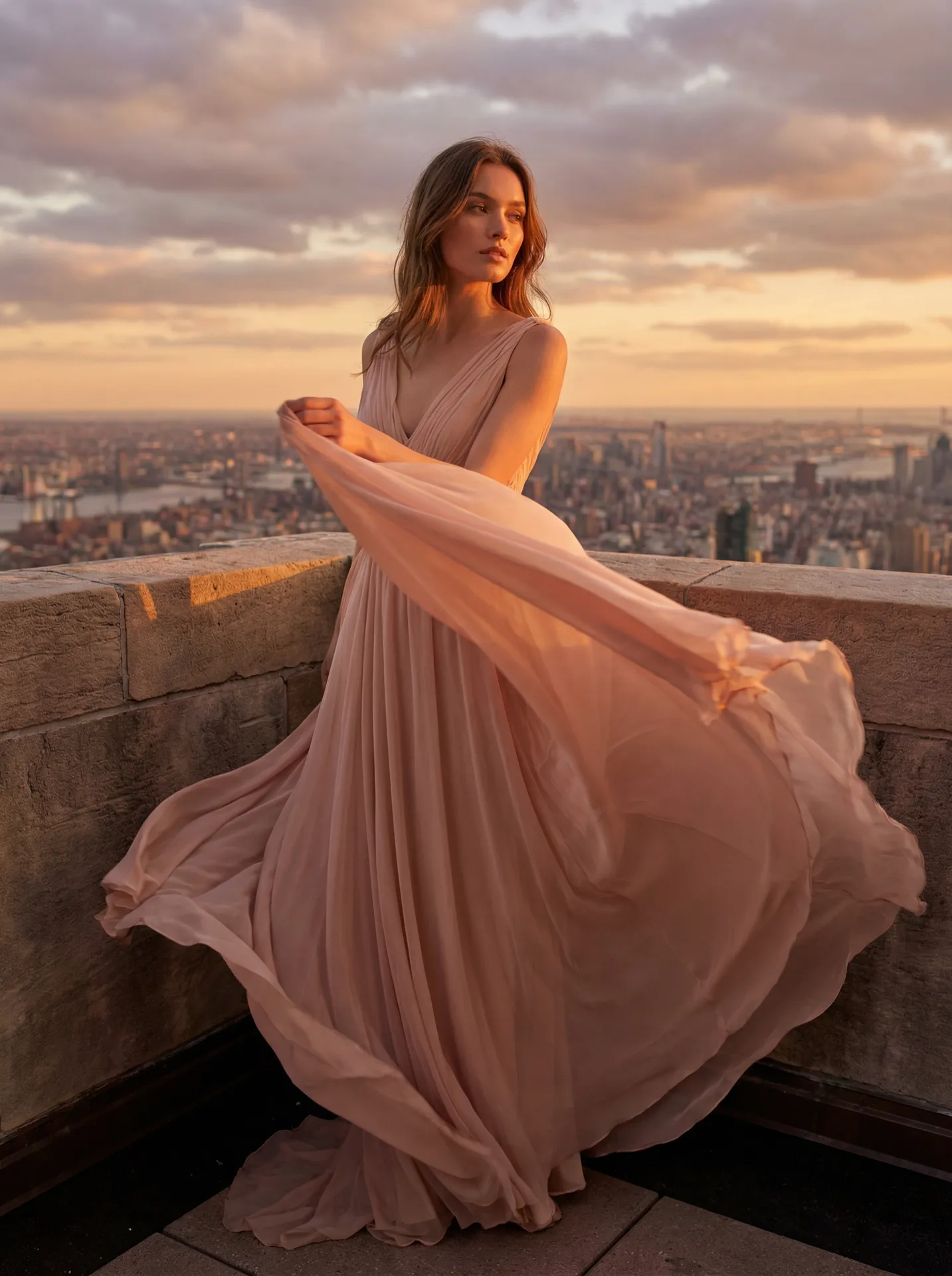 黄昏天台雪纺裙 梦幻时尚摄影