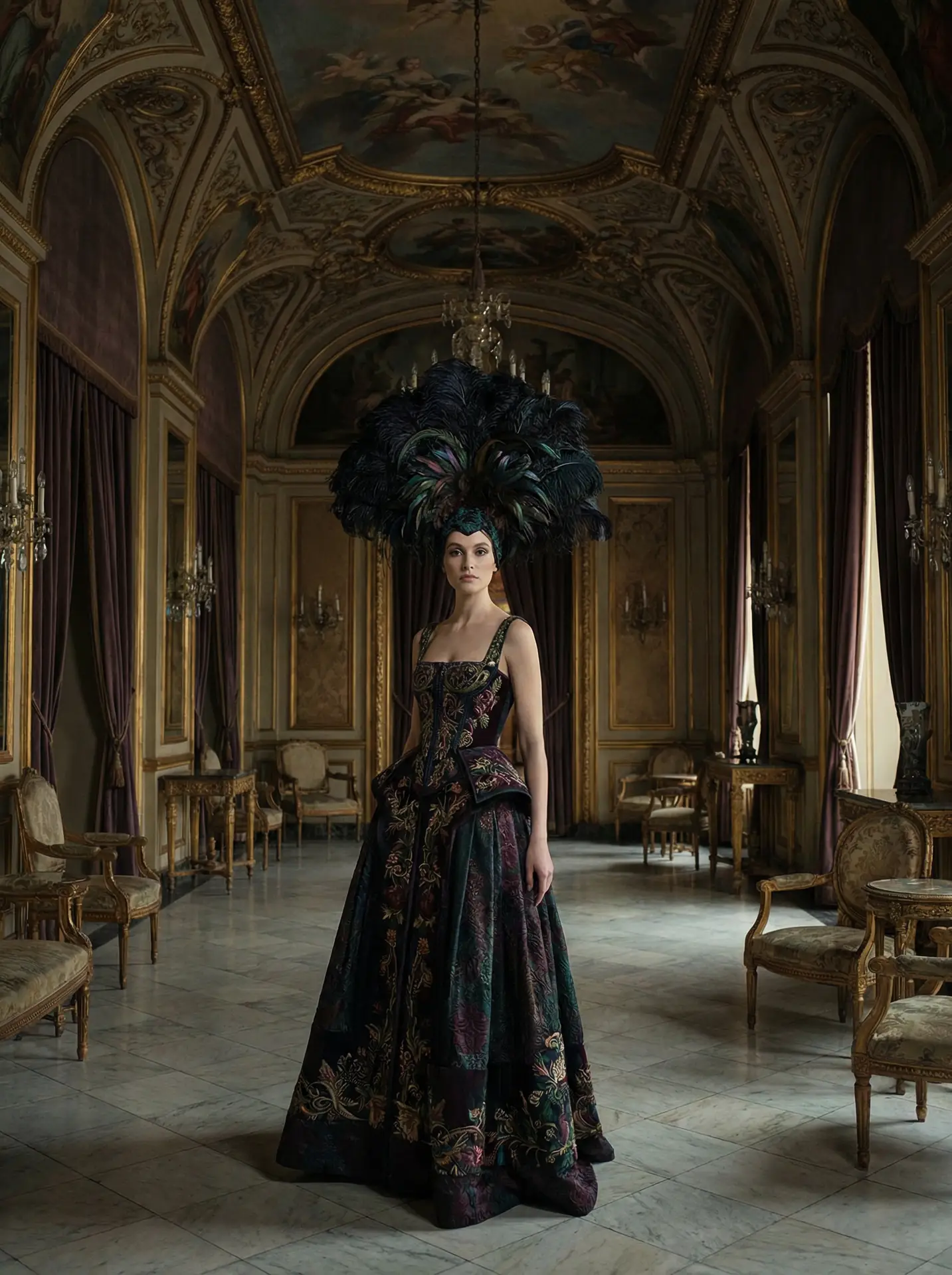 巴洛克宫殿高定礼服 羽毛头饰